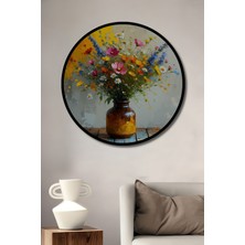 Çerçeve Görünümlü Vazoda Renkli Kır Çiçekleri Yağlı Boya Görünümlü Ahşap Ofis Yuvarlak Tablo