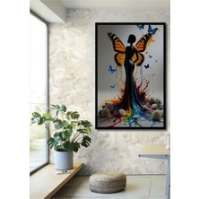 Çerçeve Görünümlü Kelebek Kanatlı Kadın Rüyası Yağlı Boya Görünümlü Dekoratif Ahşap Ofis Kare Tablo