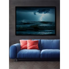 Çerçeve Görünümlü Fırtınalı Denizde Şimşek Dansı Yağlı Boya Görünümlü Ahşap Ofis Kare Tablo