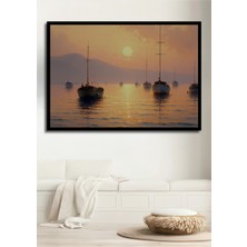 Çerçeve Görünümlü Gün Batımı Denizinde Yağlı Boya Görünümlü Yelkenli Şöleni Salon Ahşap Tablo