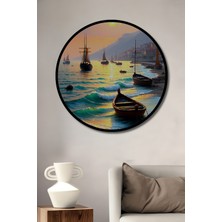 Çerçeve Görünümlü Altın Işıklar Altında Deniz Manzarası Yağlı Boya Görünümlü Ahşap Ofis Tablo