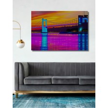 Neon Işıklar Altında Köprü Manzarası Yağlı Boya Görünümlü Dekoratif Ahşap Ev/işyeri/ofis Kare Tablo