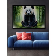 Çerçeve Görünümlü Bambu Ormanında Oturan Sevimli Panda Yağlı Boya Görünümlü Ofis Ahşap Kare Tablo