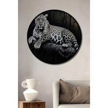 Çerçeve Görünümlü Orman Esintili Leopar Yağlı Boya Görünümlü Dekoratif Ahşap Ofis Yuvarlak Tablo