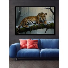 Çerçeve Görünümlü Ormanda Yatan Jaguar Yağlı Boya Görünümlü Dekoratif Ahşap Işyeri/ofis Kare Tablo