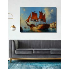 Kızıl Yelkenli Gemisi Yağlı Boya Görünümlü Ev/işyeri/ofis Dekoratif Ahşap Kare Tablo