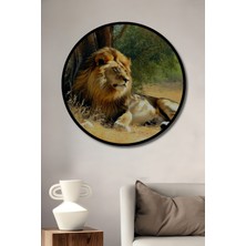 Çerçeve Görünümlü Ormanın Kralı Aslan Yağlı Boya Görünümlü Dekoratif Ahşap Ofis Yuvarlak Tablo