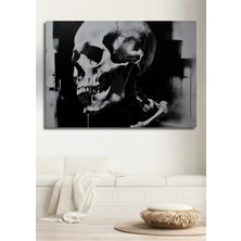 Siyah Beyaz Grunge Kafatası Yağlı Boya Görünümlü Dekoratif Ahşap Ev/işyeri/ofis Kare Tablo