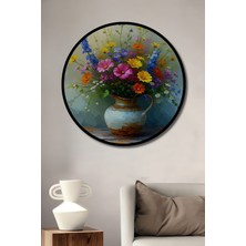 Çerçeve Görünümlü Vazoda Çiçekler Yağlı Boya Görünümlü Ahşap Ofis Yuvarlak Tablo