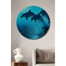 Denizaltı Dünyası Yunuslar Yağlı Boya Görünümlü Dekoratif Ahşap Ev/işyeri/ofis Yuvarlak Tablo