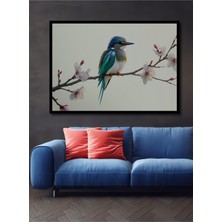 Çerçeve Görünümlü Bahar Dalları Üzerinde Turkuaz Kuş Sulu Boya Görünümlü Ahşap Ofis Kare Tablo