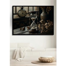 Çerçeve Görünümlü Eski Zaman Kum Saati Çiçekler Yağlı Boya Görünümlü Ahşap Ofis Kare Tablo