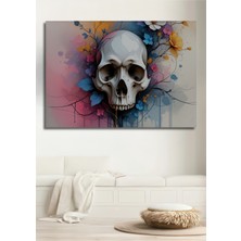 Çiçekli Kafatası Sulu Boya Görünümlü Dekoratif Ahşap Ev/işyeri/ofis Kare Tablo