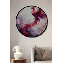 Çerçeve Görünümlü Pembe Phoenix Kuşu ve Çiçekler Yağlı Boya Görünümlü Ahşap Ofis Yuvarlak Tablo