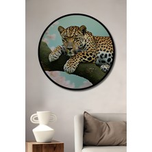 Çerçeve Görünümlü Dal Üzerinde Leopar Yağlı Boya Görünümlü Dekoratif Ahşap Ofis Yuvarlak Tablo