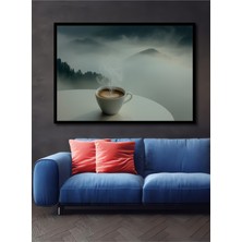 Çerçeve Görünümlü Sisli Dağlar Kahve Keyfi Yağlı Boya Görünümlü Dekoratif Ahşap Ofis Kare Tablo