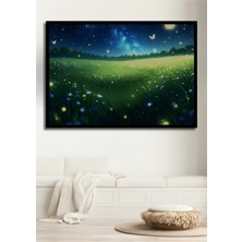 Çerçeve Görünümlü Gece Kelebekleri Çiçek Bahçesi Yağlı Boya Görünümlü Ahşap Ofis Kare Tablo