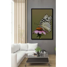 Çerçeve Görünümlü Narin Kelebek ve Pembe Çiçek Yağlı Boya Görünümlü Dekoratif Ahşap Ofis Kare Tablo