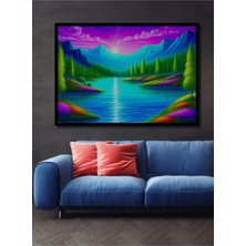 Çerçeve Görünümlü Neon Renkli Dağlar ve Göl Yağlı Boya Görünümlü Dekoratif Ahşap Ofis Kare Tablo