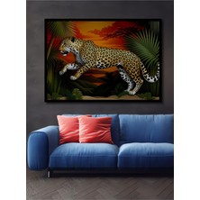 Çerçeve Görünümlü Tropikal Ormanda Leopar Yağlı Boya Görünümlü Ofis Dekoratif Ahşap Kare Tablo