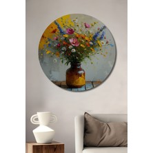 Vazoda Renkli Kır Çiçekleri Yağlı Boya Görünümlü Dekoratif Ahşap Ev/işyeri/ofis Yuvarlak Tablo