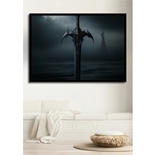 Çerçeve Görünümlü Karanlık Çağların Büyülü Kılıcı Yağlı Boya Görünümlü Ahşap Ofis Kare Tablo