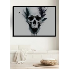 Çerçeve Görünümlü Tüy Ahenkli Kafatası Sulu Boya Görünümlü Işyeri/ofis Dekoratif Ahşap Kare Tablo