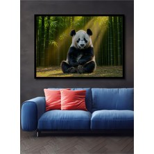 Çerçeve Görünümlü Bambu Ormanında Sevimli Panda Yağlı Boya Görünümlü Ahşap Ofis Kare Tablo