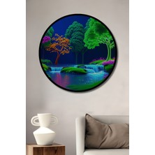 Çerçeve Görünümlü Neon Işıltılı Şelale Rüyası Yağlı Boya Görünümlü Ahşap Ofis Yuvarlak Tablo