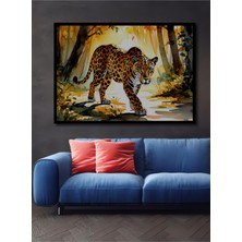 Çerçeve Görünümlü Ormanda Sulu Boya Görünümlü Jaguar Ev/işyeri/ofis Dekoratif Ahşap Kare Tablosu
