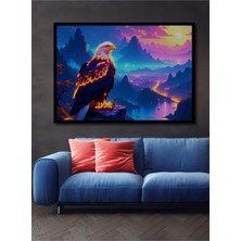 Çerçeve Görünümlü Neon Işıltılı Kartal Manzarası Yağlı Boya Görünümlü Ahşap Ofis Kare Tablo