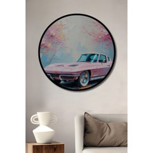 Çerçeve Görünümlü Pembe Corvette Çiçek Bahçesi Yağlı Boya Görünümlü Ahşap Ofis Yuvarlak Tablo