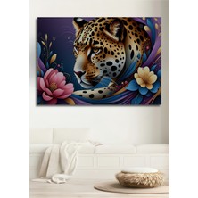Çiçeklerle Dans Eden Leopar Yağlı Boya Görünümlü Ev/işyeri/ofis Dekoratif Ahşap Kare Tablo