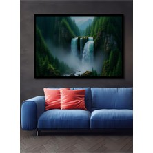 Çerçeve Görünümlü Yeşil Vadi Şelalesi Yağlı Boya Görünümlü Dekoratif Ahşap Işyeri/ofis Kare Tablo