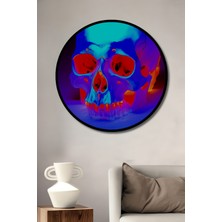 Çerçeve Görünümlü Neon Işıklar Altında Kafatası Yağlı Boya Görünümlü Ahşap Ofis Yuvarlak Tablo