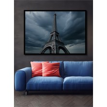 Çerçeve Görünümlü Kasvetli Gökyüzünde Eyfel Kulesi Yağlı Boya Görünümlü Ahşap Ofis Kare Tablo