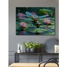 Sulu Boya Görünümlü Nilüfer Çiçeği ve Işıltılı Yusufçuk Dekoratif Ahşap Ev/işyeri/ofis Kare Tablo