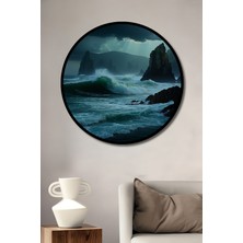 Çerçeve Görünümlü Fırtınalı Denizde Yükselen Kayalıklar Yağlı Boya Görünümlü Ahşap Ofis Tablo