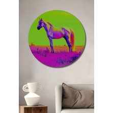 Neon Renkli At Rüyası Yağlı Boya Görünümlü Dekoratif Ahşap Ev/işyeri/ofis Yuvarlak Tablo