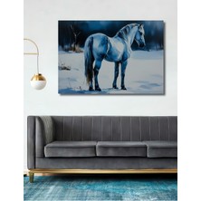 Beyaz At Kış Rüyası Yağlı Boya Görünümlü Dekoratif Ahşap Ev/işyeri/ofis Kare Tablo