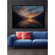 Çerçeve Görünümlü Gün Batımı Göl Manzaralı Yağlı Boya Görünümlü Dekoratif Ahşap Ofis Kare Tablo