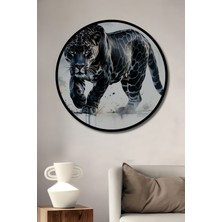 Çerçeve Görünümlü Siyah Panter Sulu Boya Görünümlü Dekoratif Ahşap Dekoratif Ofis Yuvarlak Tablo