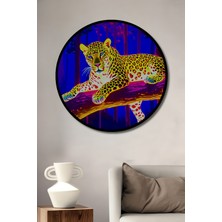 Çerçeve Görünümlü Neon Ormanda Leopar Yağlı Boya Görünümlü Ofis Dekoratif Ahşap Yuvarlak Tablo