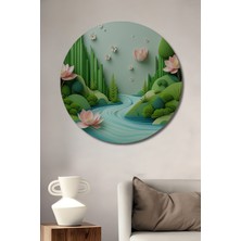 Pastel Tonlarda Lotus Çiçekleri ve Nehir Manzarası Dekoratif Ahşap Ev/işyeri/ofis Yuvarlak Tablo