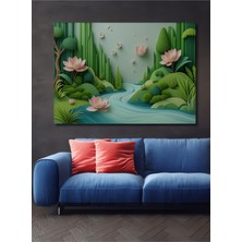 Pastel Tonlarda Lotus Çiçekleri ve Nehir Manzarası Dekoratif Ahşap Ev/işyeri/ofis Kare Tablo