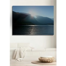 Güneşin Altın Işığında Dağlar ve Göl Manzarası Dekoratif Ahşap Ev/işyeri/ofis Kare Tablo