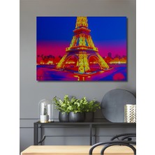 Neon Işıklar Altında Eyfel Kulesi Yağlı Boya Görünümlü Dekoratif Ahşap Ev/işyeri/ofis Kare Tablo
