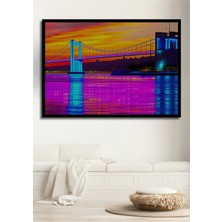 Çerçeve Görünümlü Neon Işıklar Altında Köprü Manzarası Yağlı Boya Görünümlü Ahşap Ofis Kare Tablo