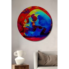 Neon Çiçekler Içinde Kafatası Yağlı Boya Görünümlü Dekoratif Ahşap Ev/işyeri/ofis Yuvarlak Tablo