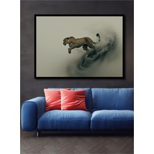 Çerçeve Görünümlü Dumanlı Atlayış Yağlı Boya Görünümlü Jaguar Ofis Dekoratif Ahşap Kare Tablo